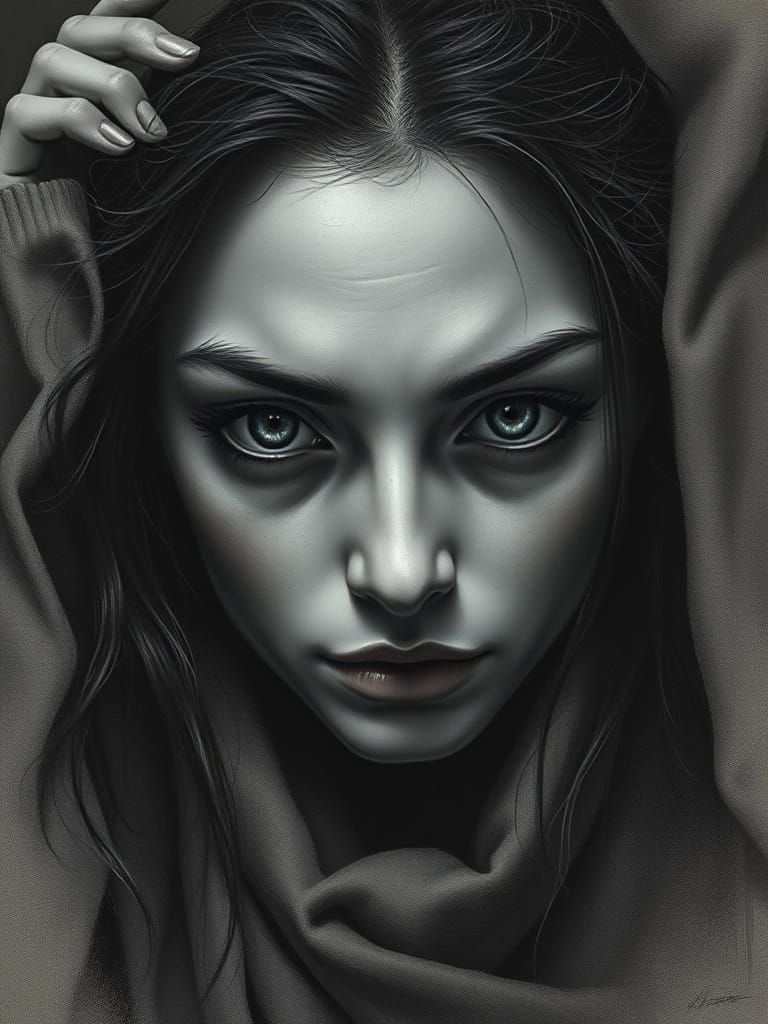 Insomnia Depicted: Charcoal Portrait of a Woman with Swollen...