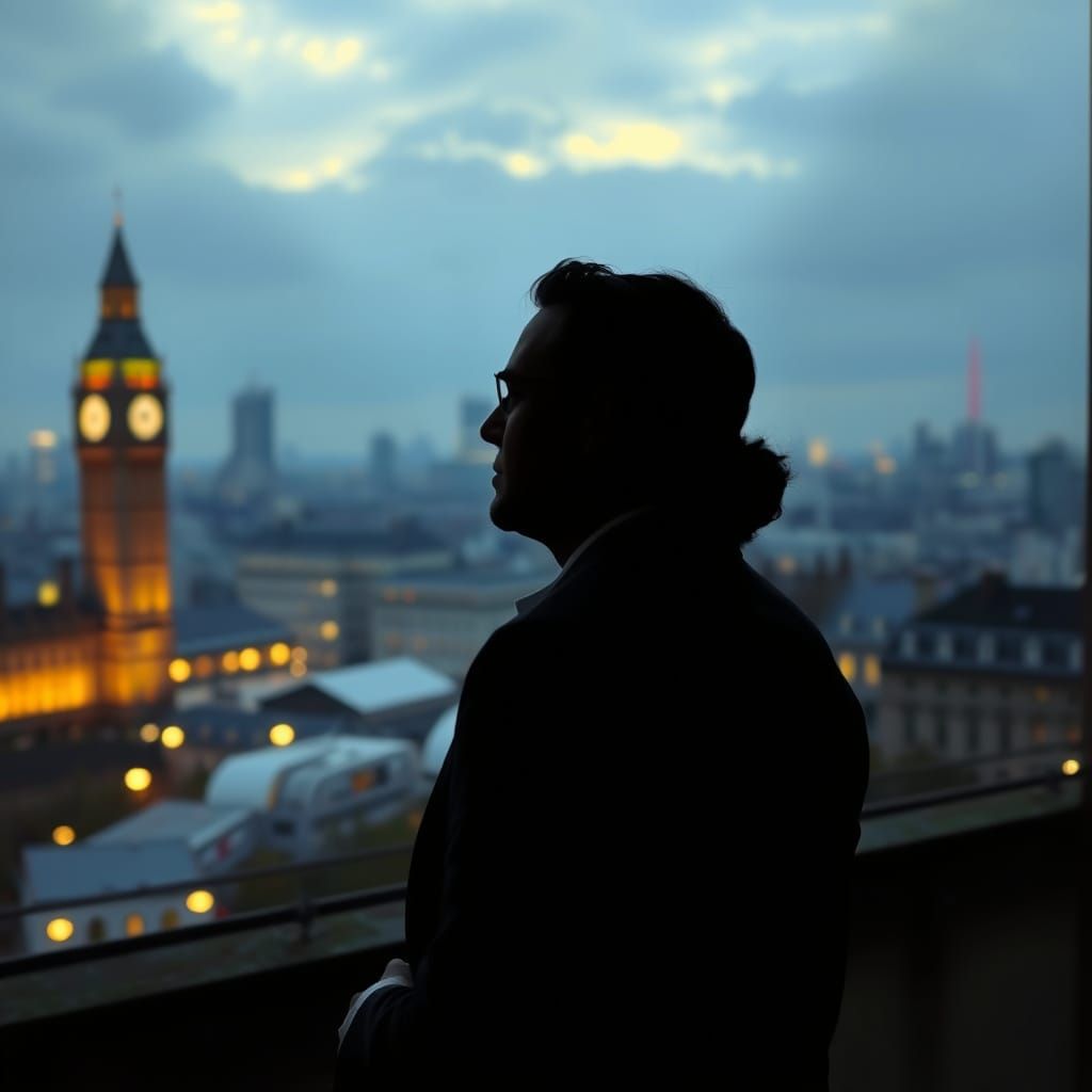 Romantic Silhouette: Lovers Embrace in Rainy London, Impress...
