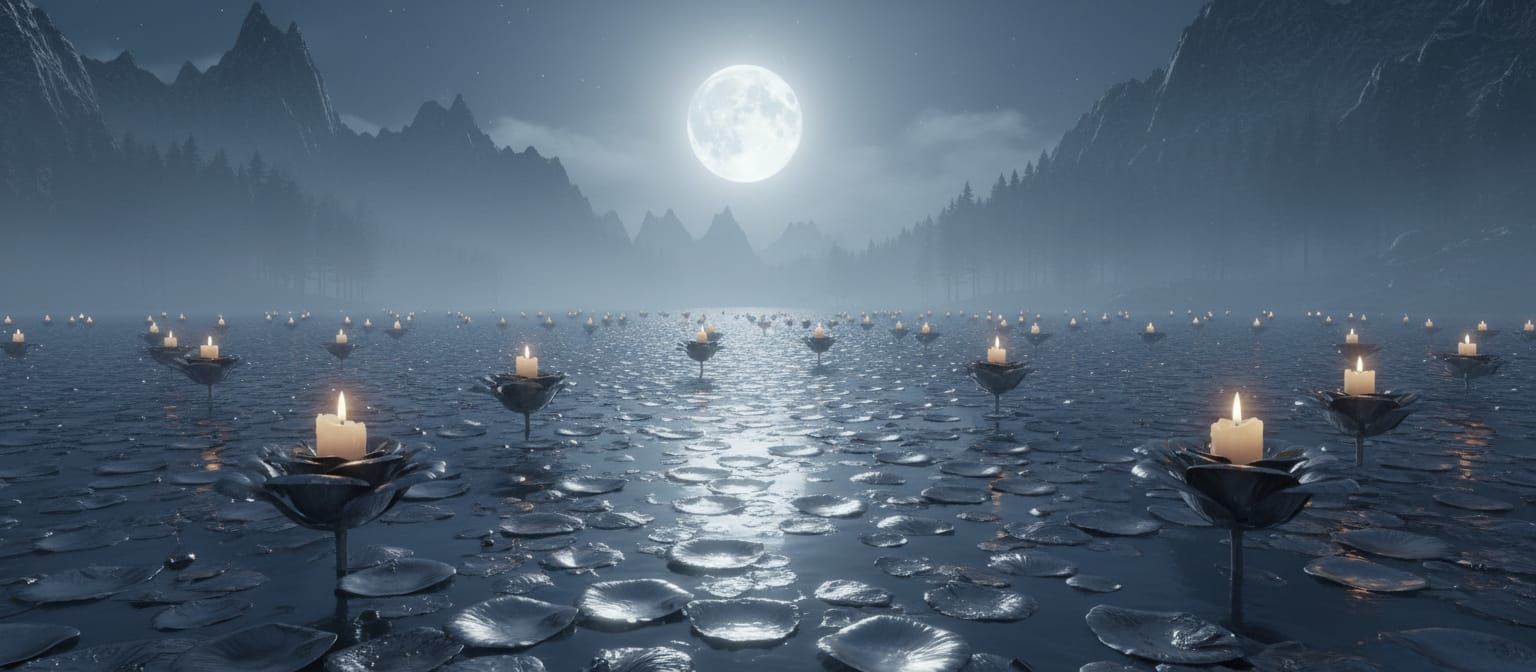 Mystical Night Landscape with Silver Roses and Candles