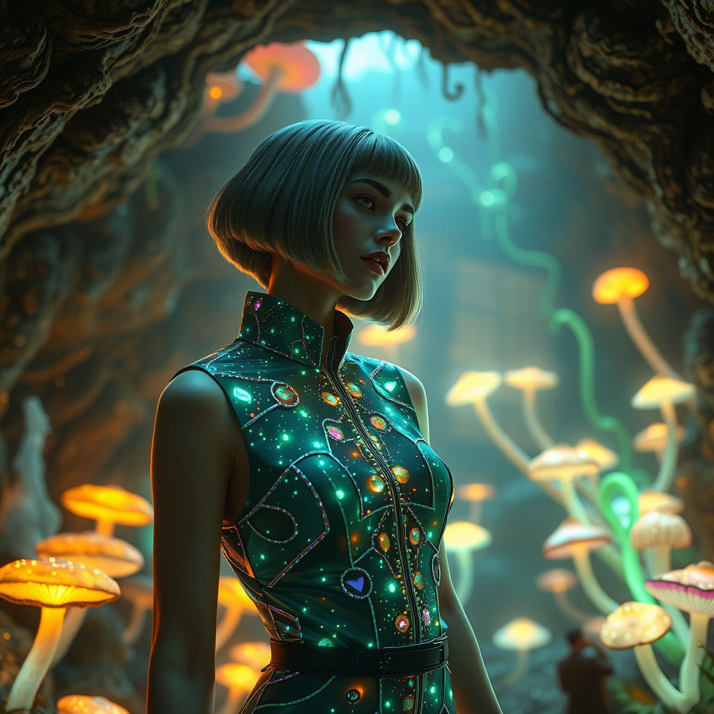 Bioluminescent Bauhaus Jumpsuit in Subterranean Realm