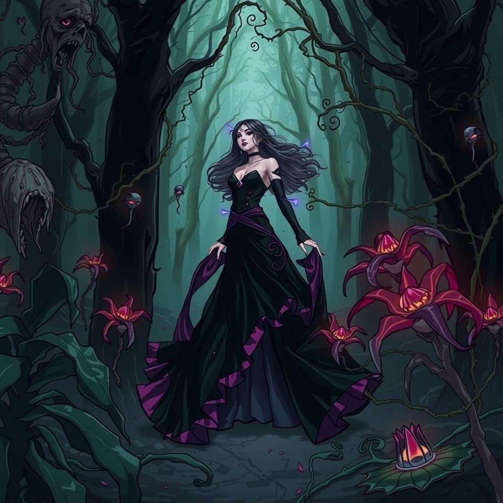 Mysterious Woman Among Poisonous Plants in Cyberpunk Style