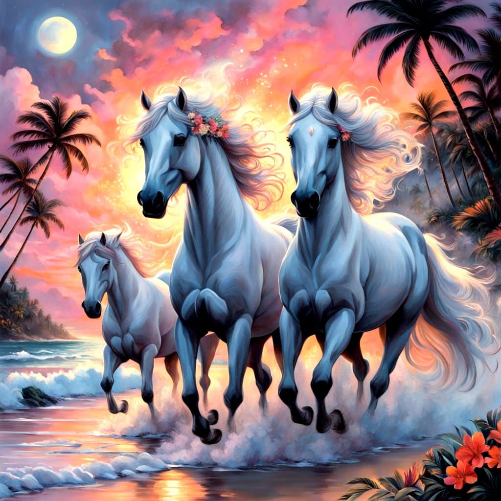 Majestic Horses Gallop on Enchanted Twilight Beach