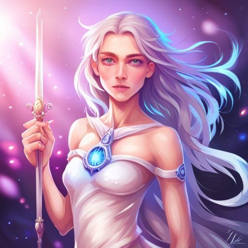 Delicate Space Maiden with Sword in Anime Style