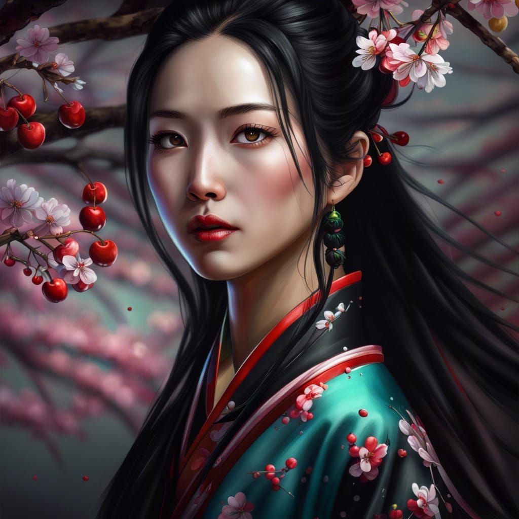 Chinese Woman in Traditional Dress with Cherry Tree