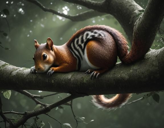 Hyperrealistic Giant Squirrel on Tree Branch