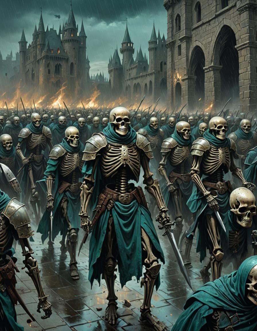 Armored Skeleton Army Marches on Castle in Rain