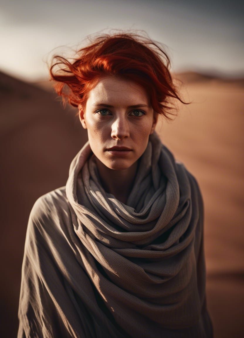 Red Haired Woman in Desert, Hyperrealistic Portrait