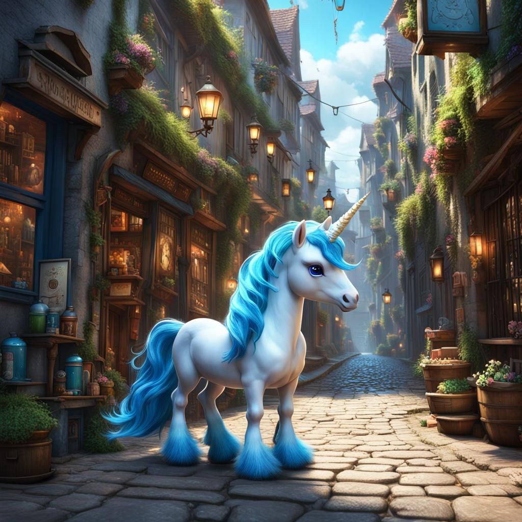 White Unicorn in Magical Alley, Fantasy Art