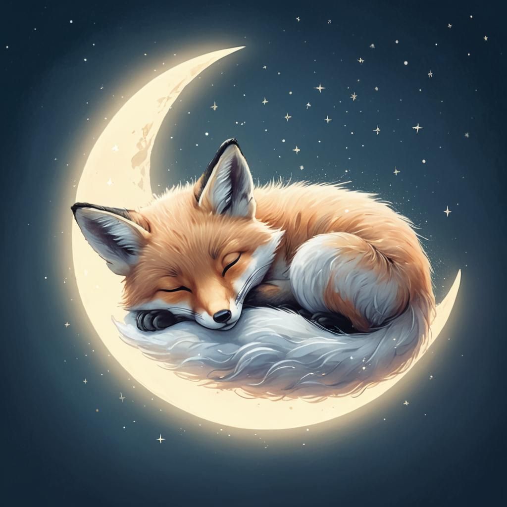 Baby Fox Sleeping on Moon: Pastel Children's Illustration