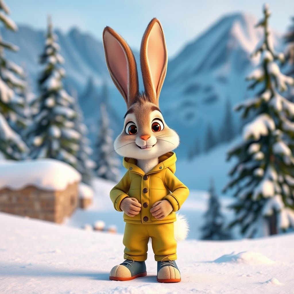 This image shows a CGI cartoon bunny wearing ski gear looking directly at the camera with a friendly expression, set aga...