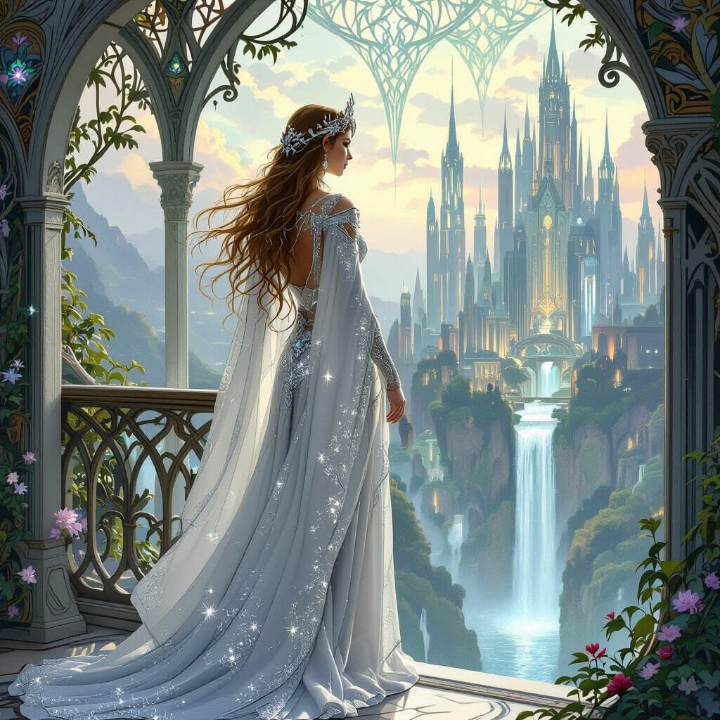 Elven Queen Overlooks Bioluminescent City: Art Nouveau