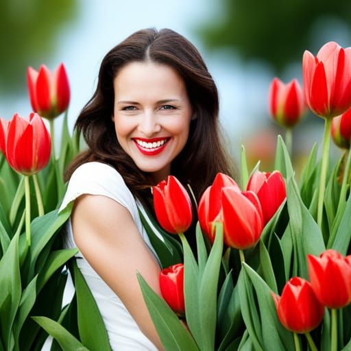 Smiling Lady in Yellow Among Red Tulips