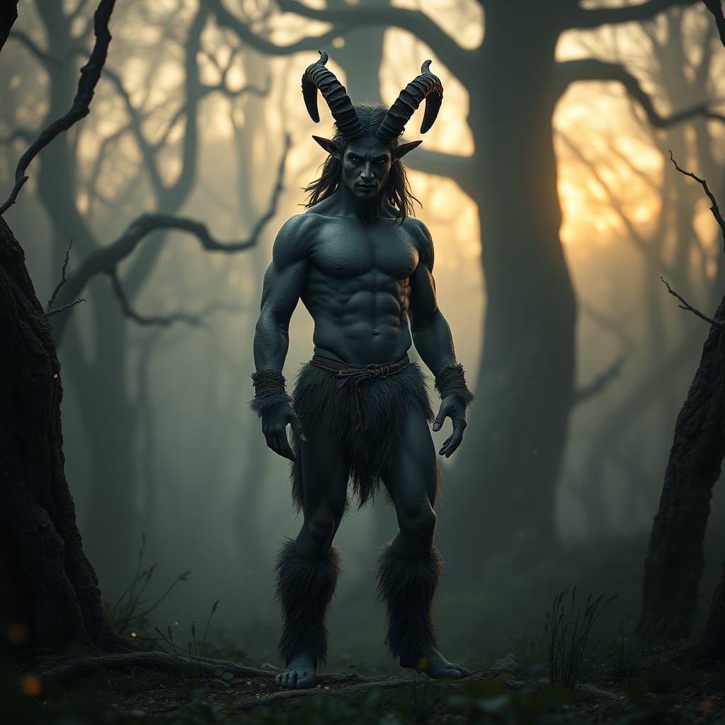 Hyperrealistic Satyr in Mystical Forest, Detailed Digital Ar...