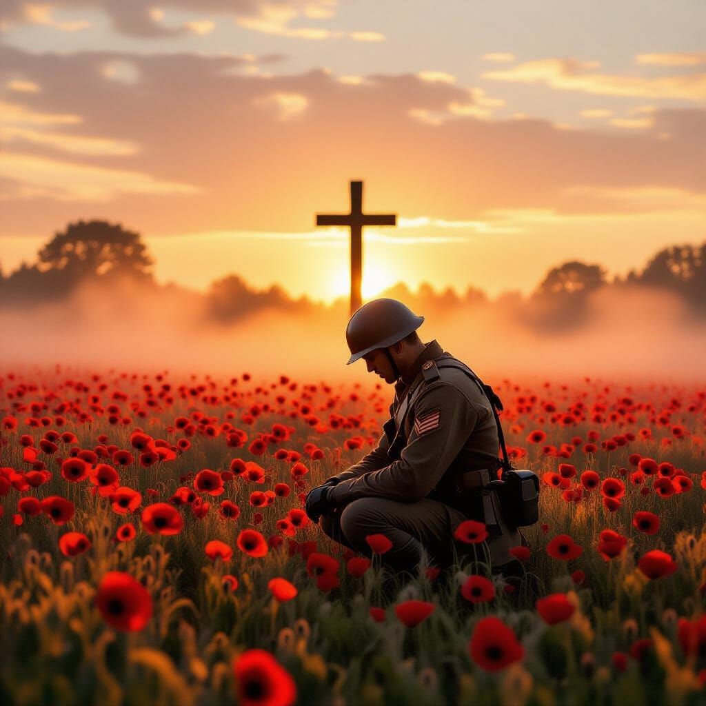 Lone Soldier Kneeling in Poppy Field at Sunrise