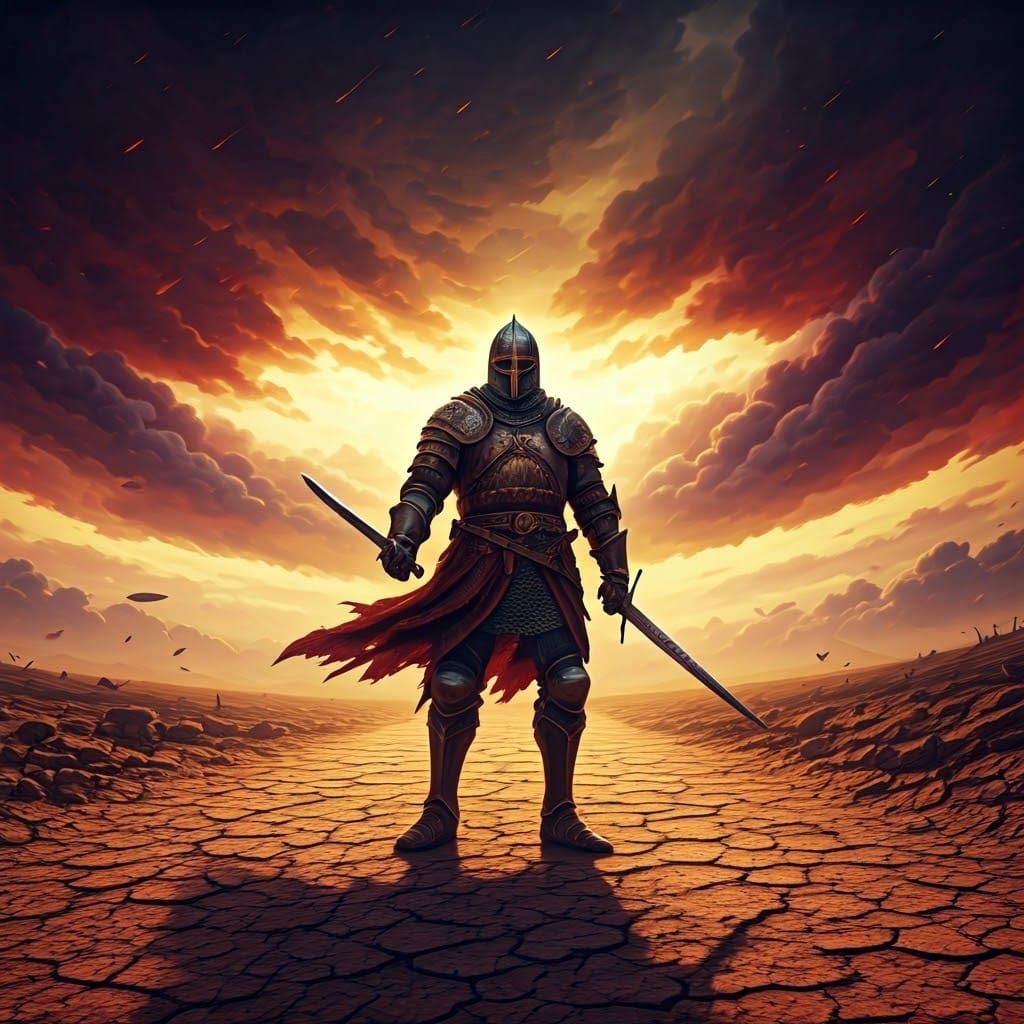 Medieval Warrior Points Sword to Crimson Sky