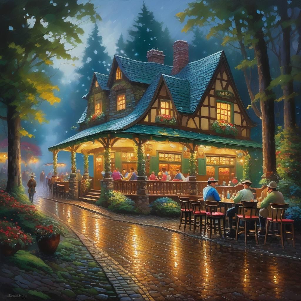 Forest Tavern at Night in Impressionist Gouache