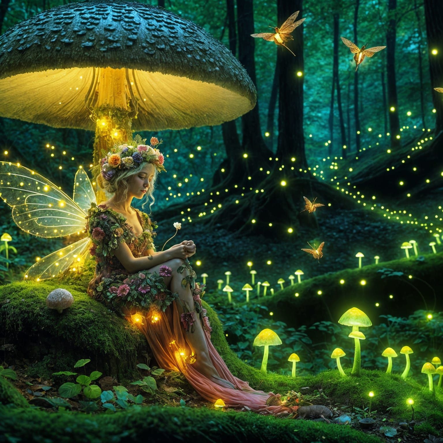 Whimsical Fairy Seated on Mushroom in Bioluminescent Forest