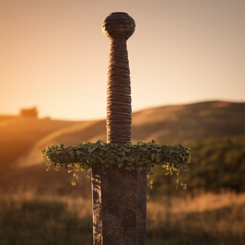 Epic Earthen Sword Stands Against Sunset Landscape