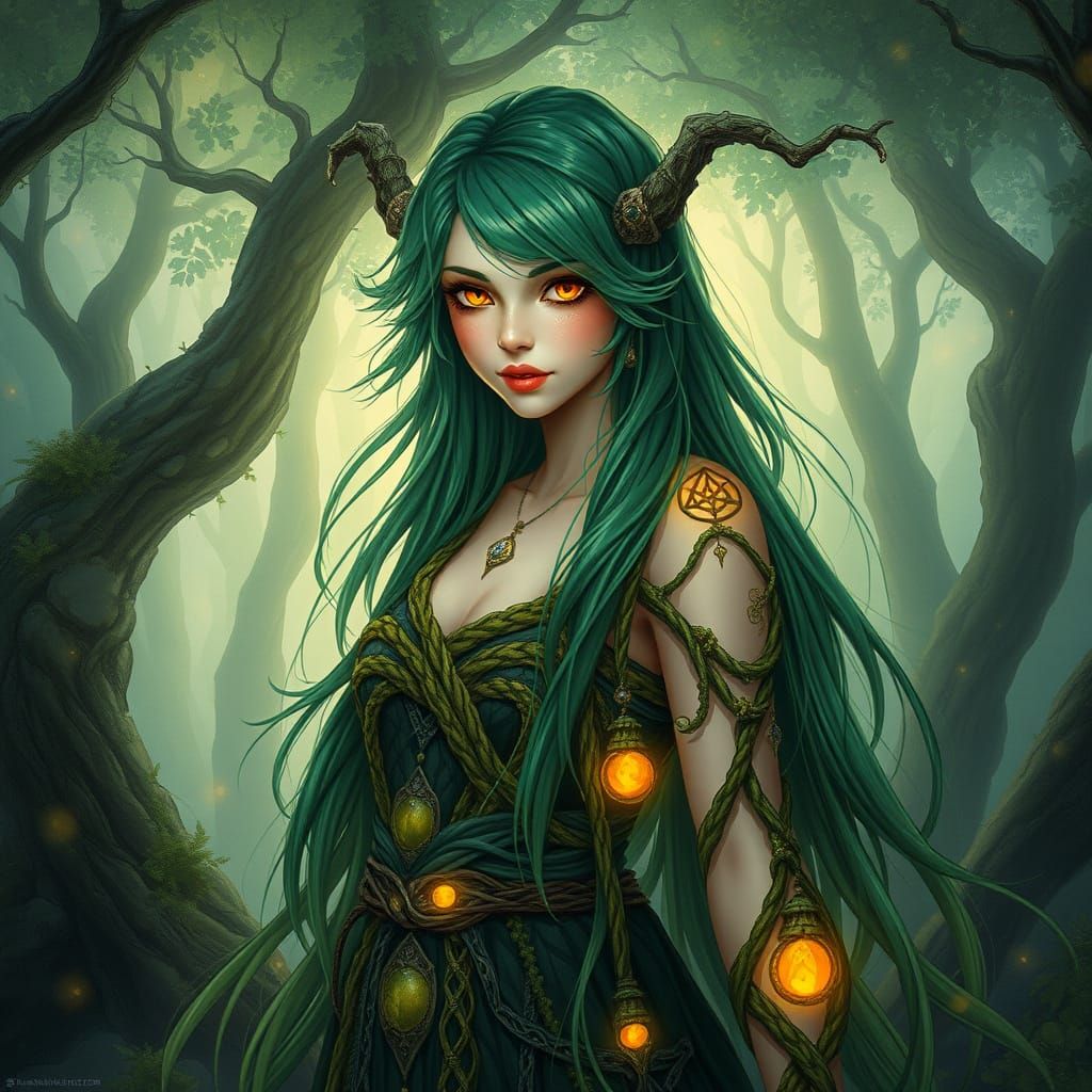 Enchanting Emerald Sorceress in Art Nouveau Forest