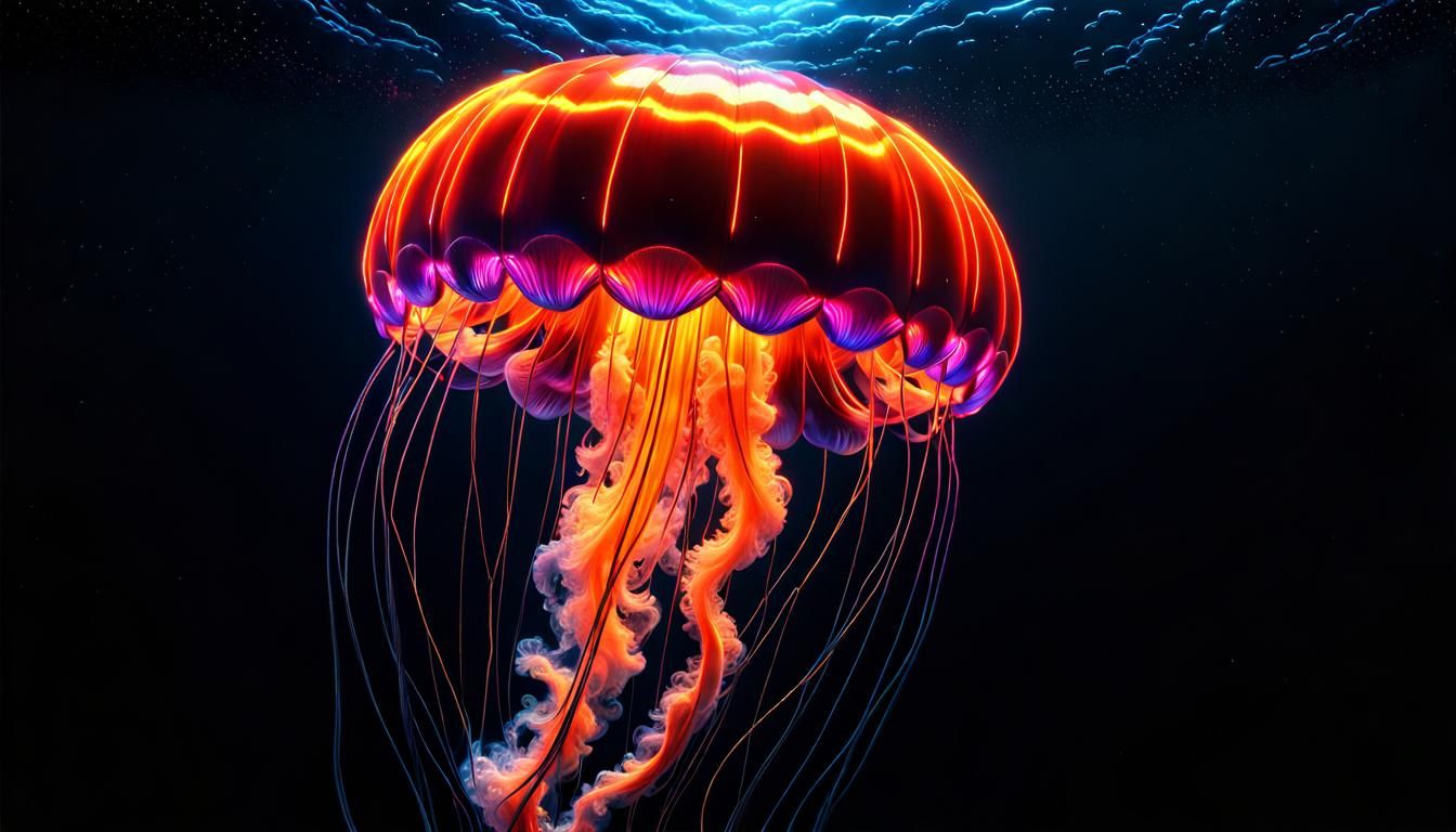 Epic Fire Jellyfish in Dark Ocean, Digital Art