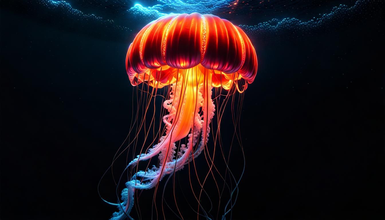 Neon Fire Jellyfish Floating in Ocean, Dark Art