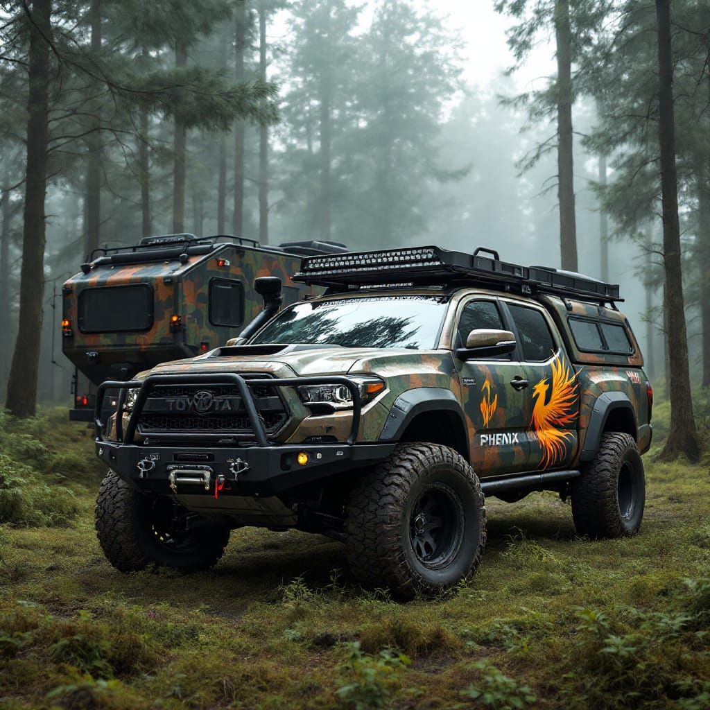 Camouflaged Toyota 4x4 Off-Road Camper in Woodland