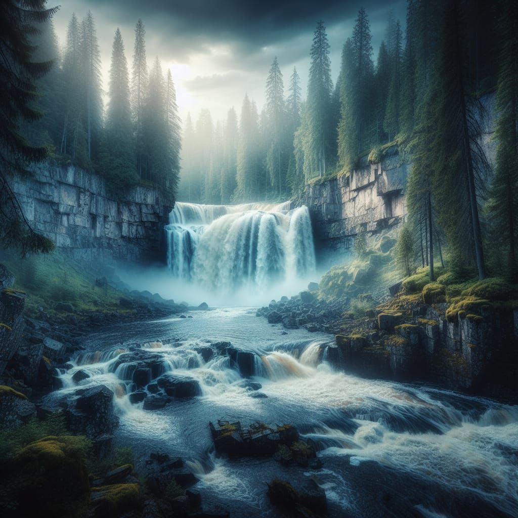 Hyperrealistic Jyrkäkoski Waterfall in Cinematic HDR Style