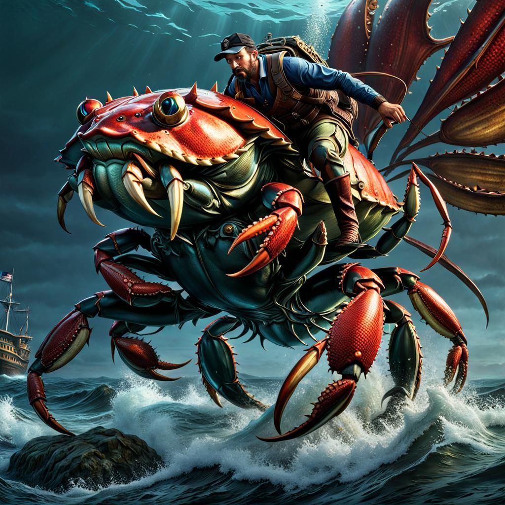 Fishman Rides Sea Monster Crab: Dark Fantasy Art