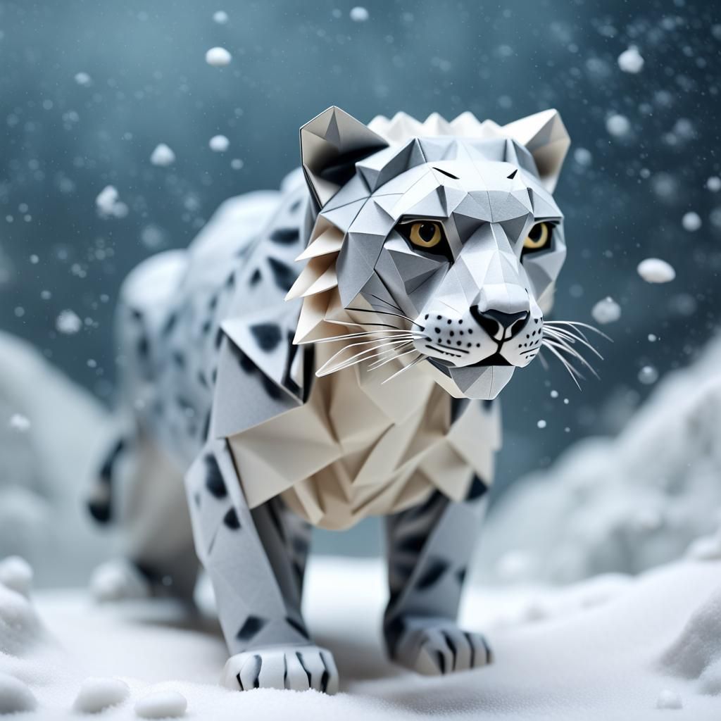 Snow Leopard in Storm: Origami Papercraft