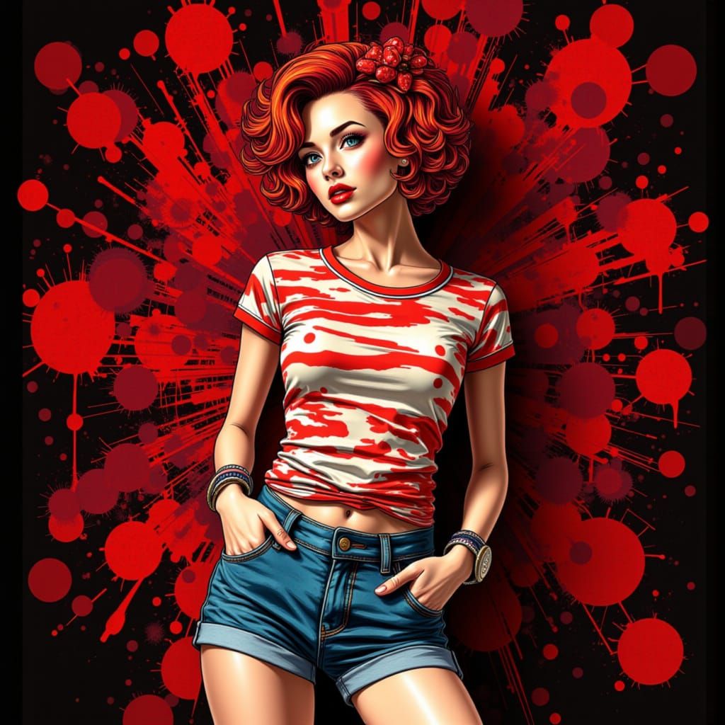 Rockabilly Woman with Quirky Smile and Fractal Background