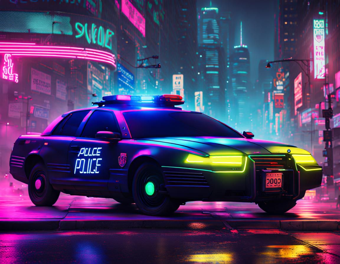 Cyberpunk Police Car in Neon Cityscape