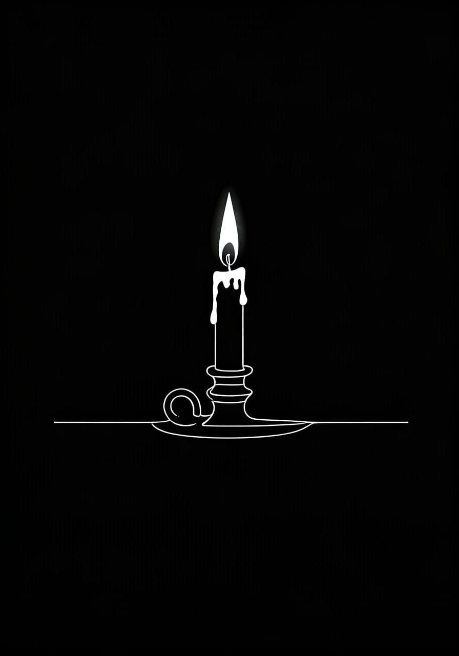 Black and white only, a single white line forming the outline of a candle