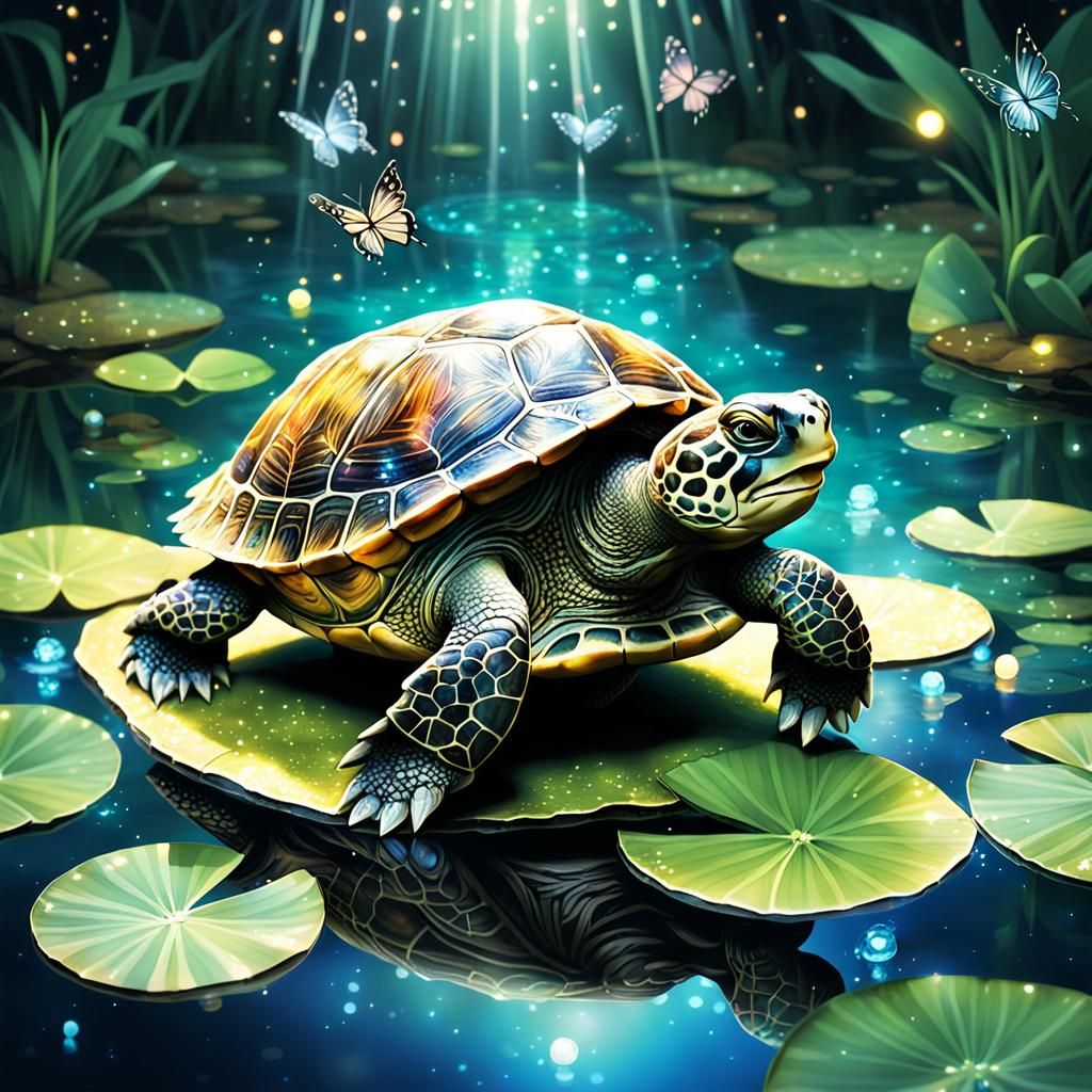Gemstone Turtle and Butterfly in Sparkling Pond