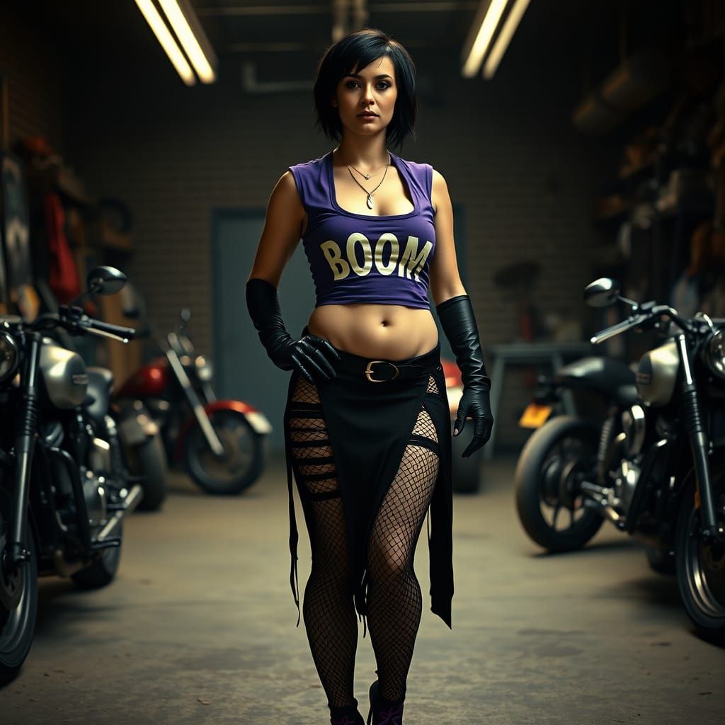 Edgy Biker Goddess in Moody Motorcycle Garage