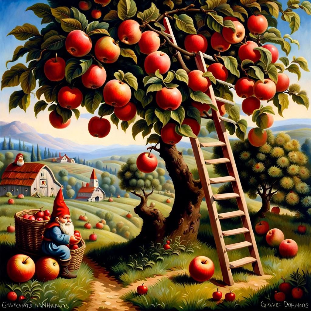 Gnomes Harvesting Apples in Naive Art Style