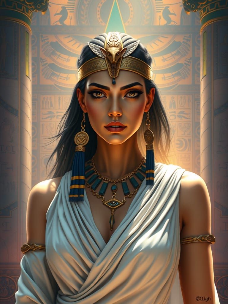 Egyptian Goddess of Wisdom in Intricate Hieroglyphic Backdro...