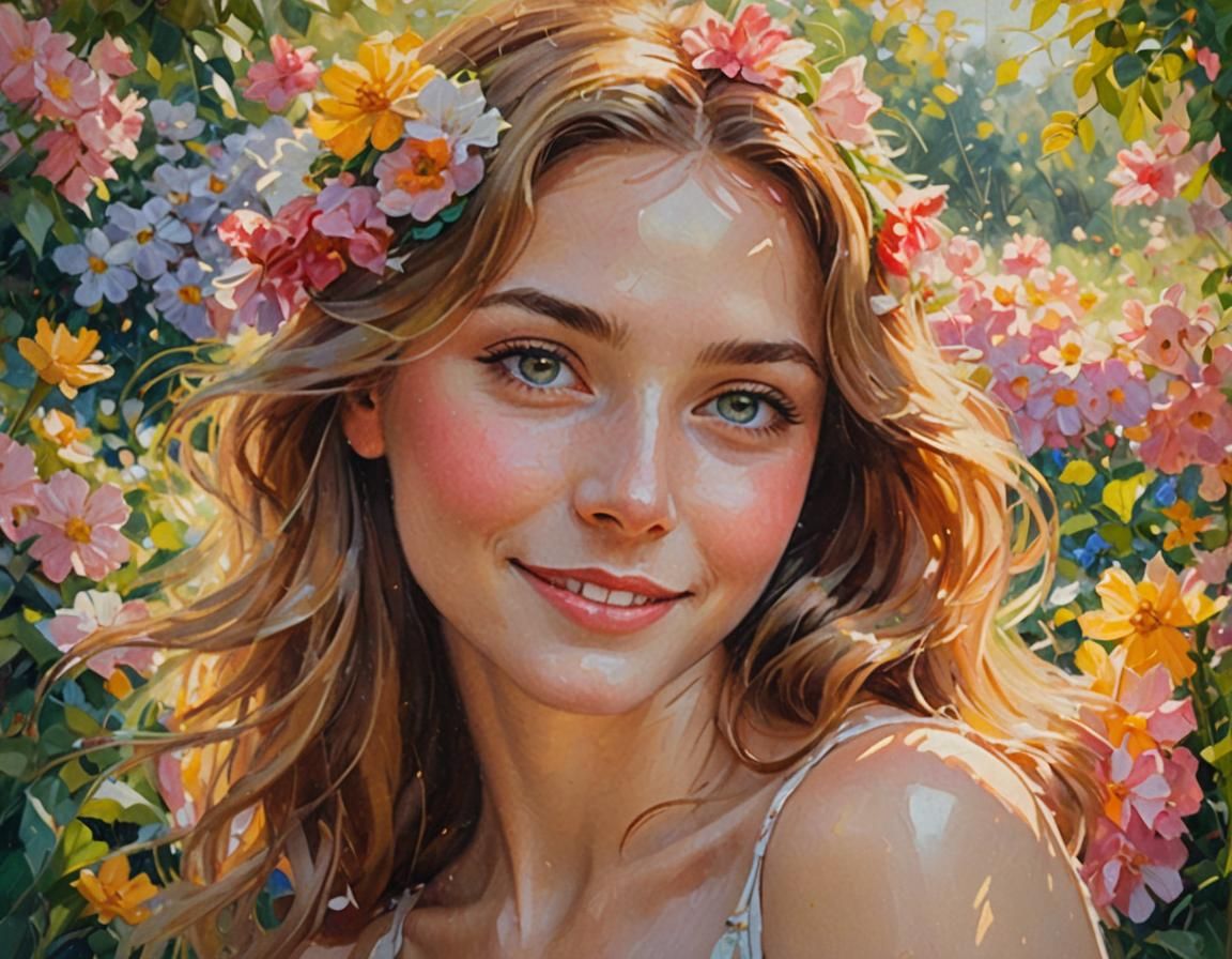 Smiling Woman in Lush Garden, Impressionist Oil Painting