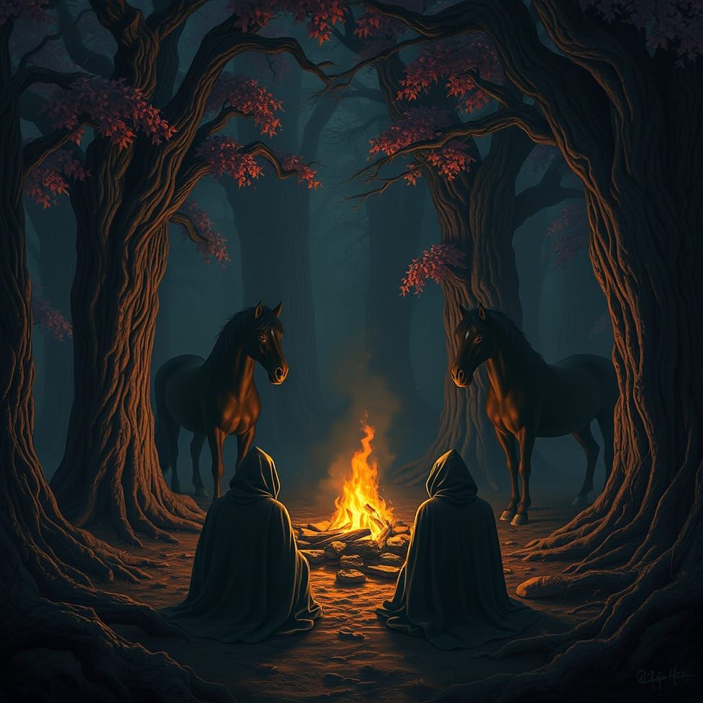 Cloaked Figures Around Campfire in Mystical Forest