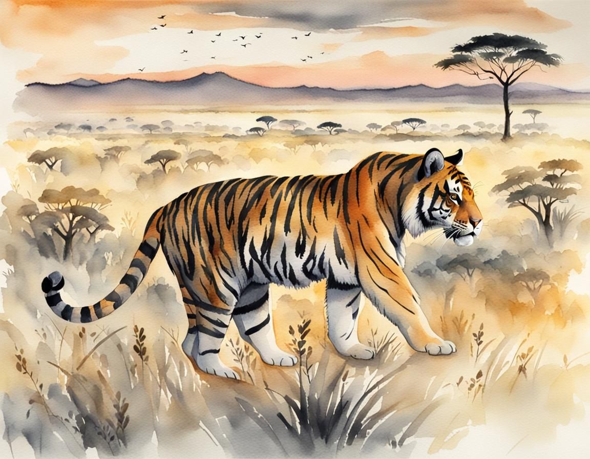 Tiger at Sunset: Watercolour Savannah Painting