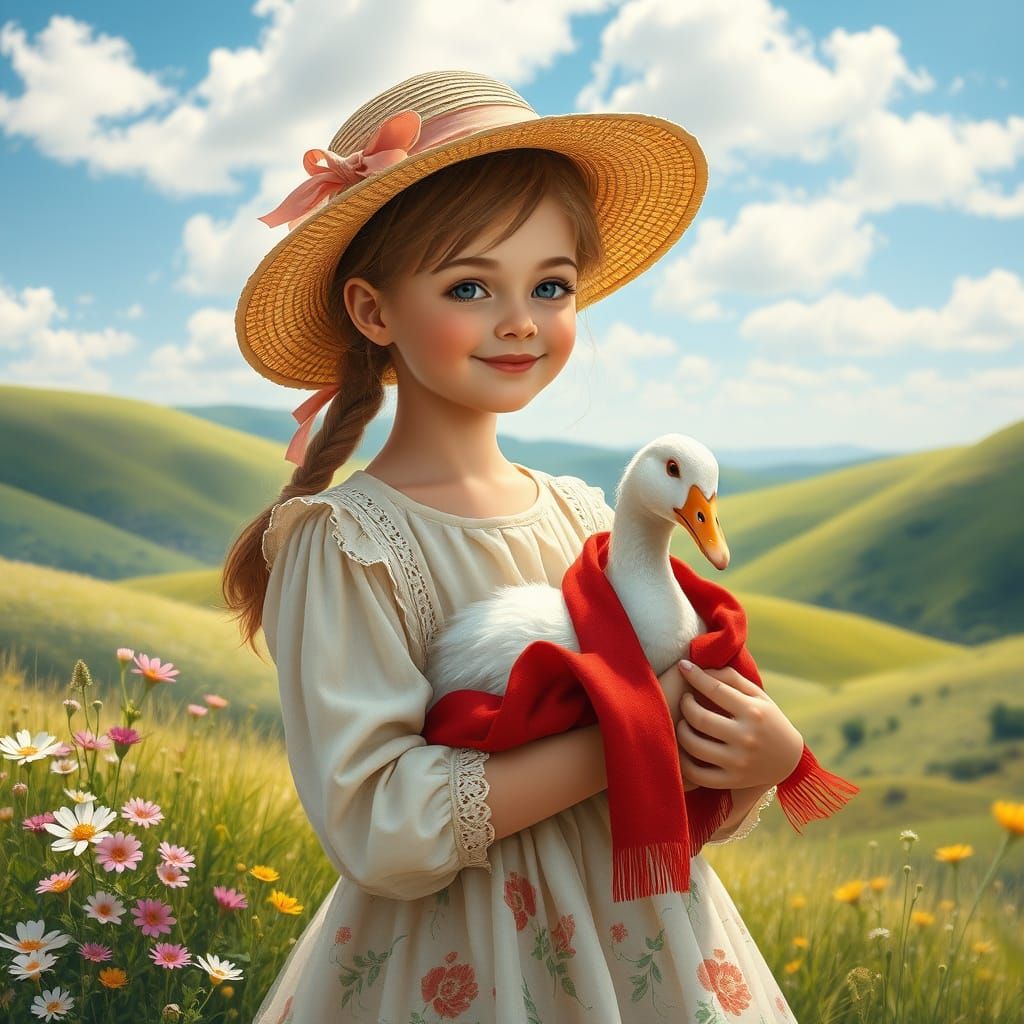 Whimsical Countryside Scene with Gentle Girl and Goose
