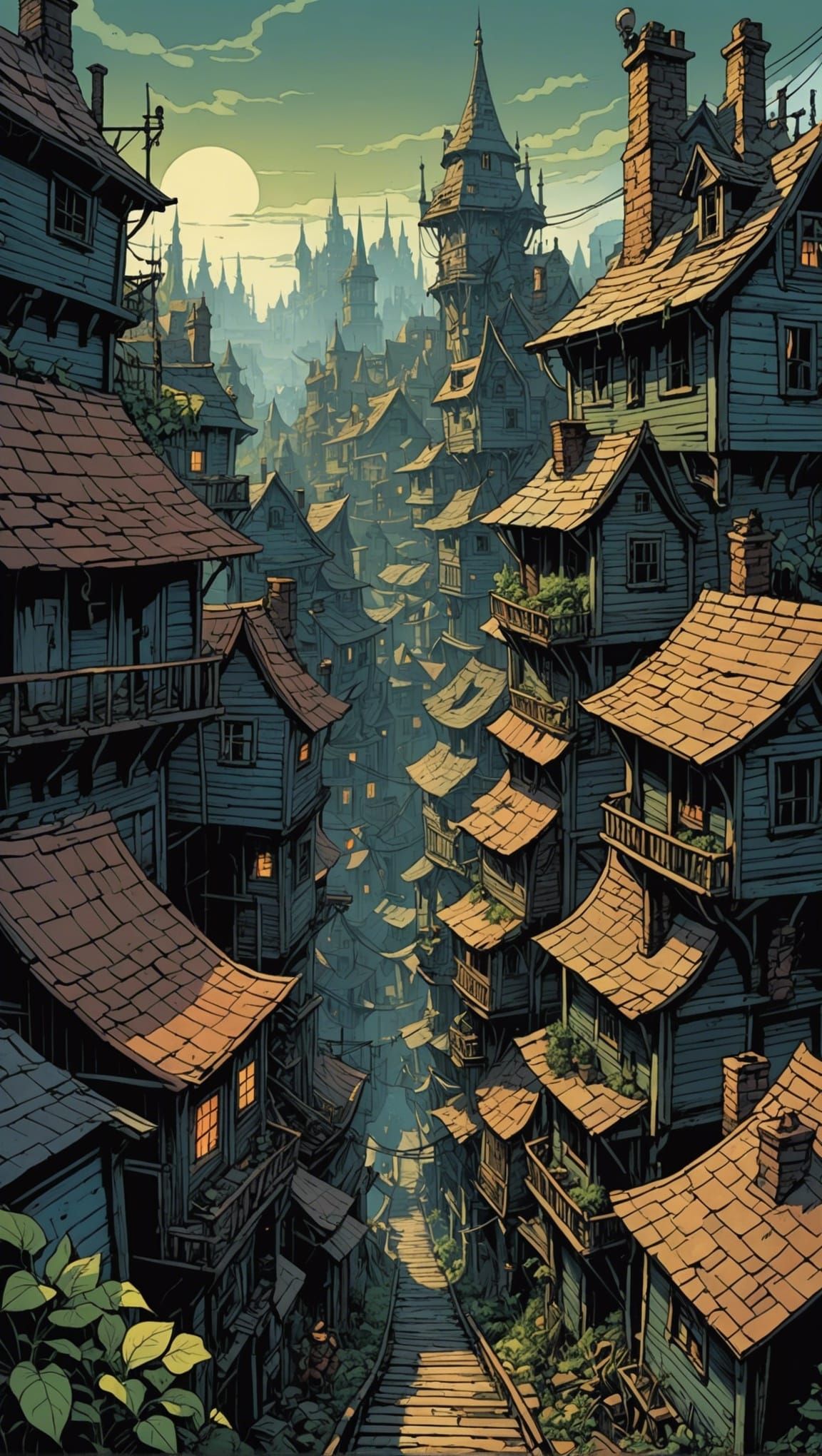 Goblin Shantytown in Dark Fantasy Comic Style