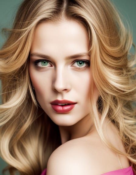 Woman with long loose blonde hair, green eyes, looking into the camera with a sly smile