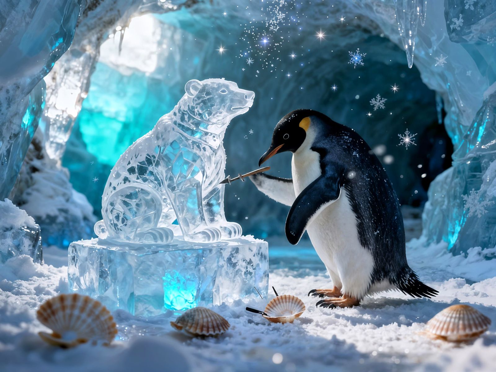 Penguin Artist Carving Ice Sculptures in Shimmering Cavern