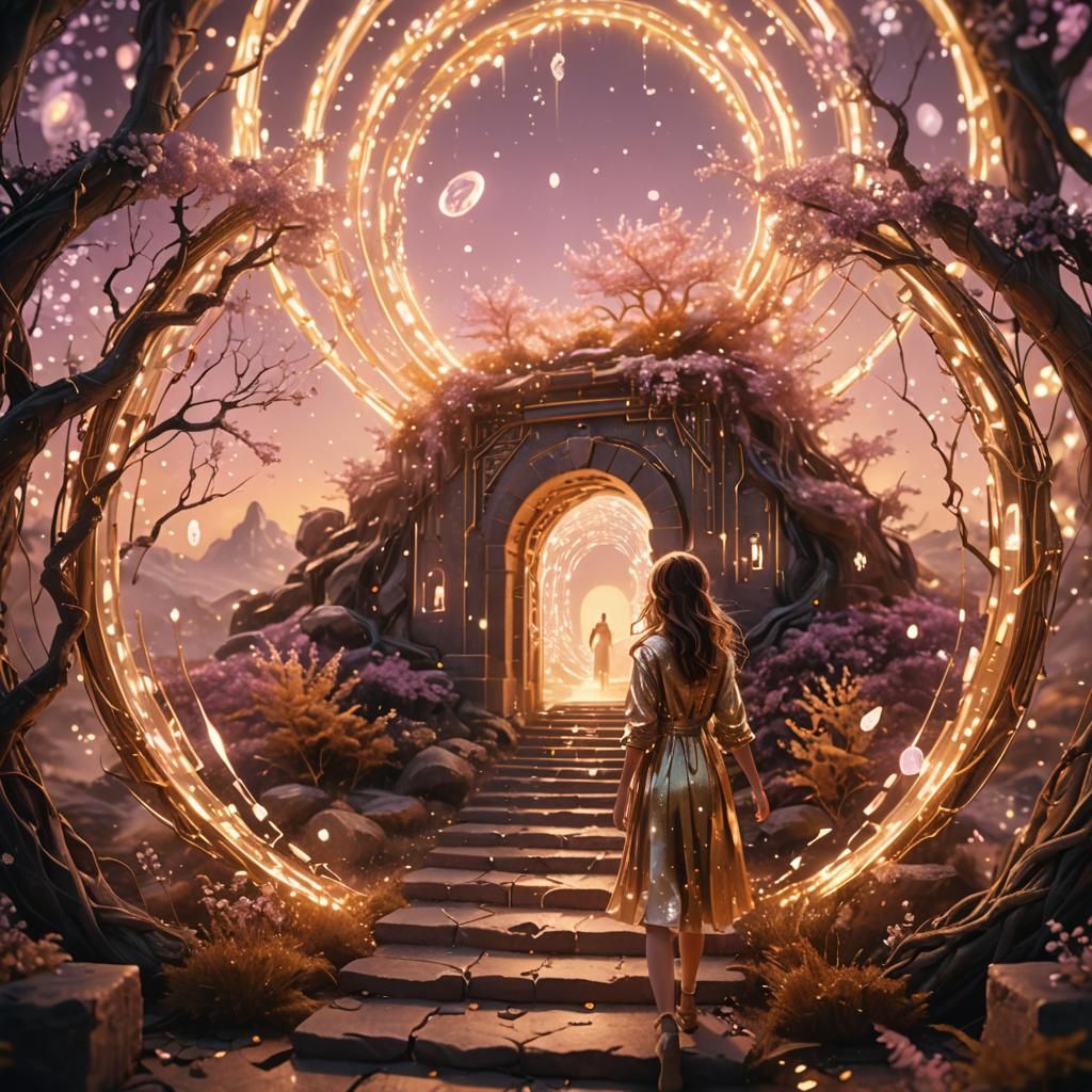 Girl Enters Mystical Realm Through Shimmering Portal