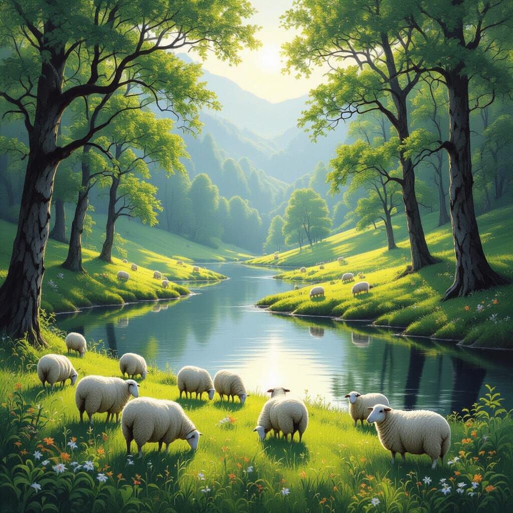 Sheep Grazing in Sunlit Meadow by Tranquil Lake