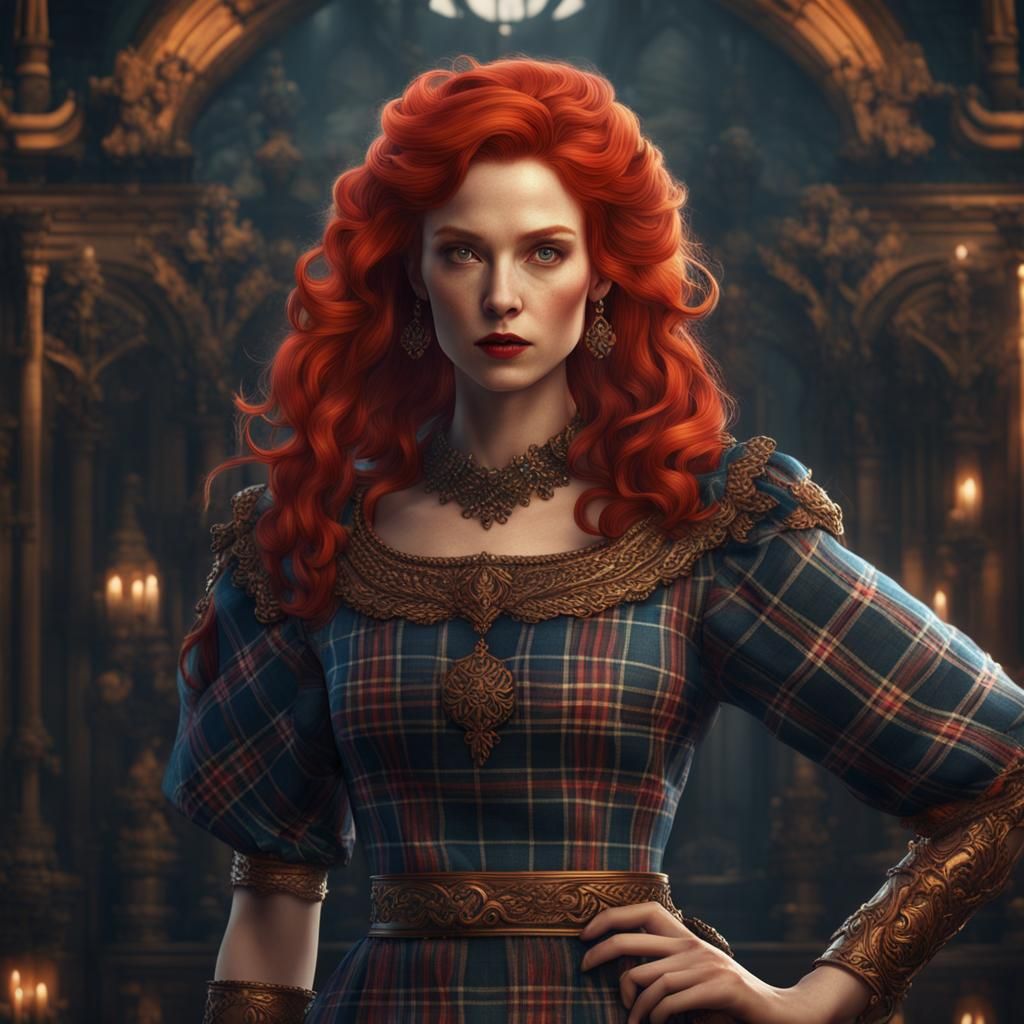Plaid Dress on Redhead: Detailed Fantasy Art
