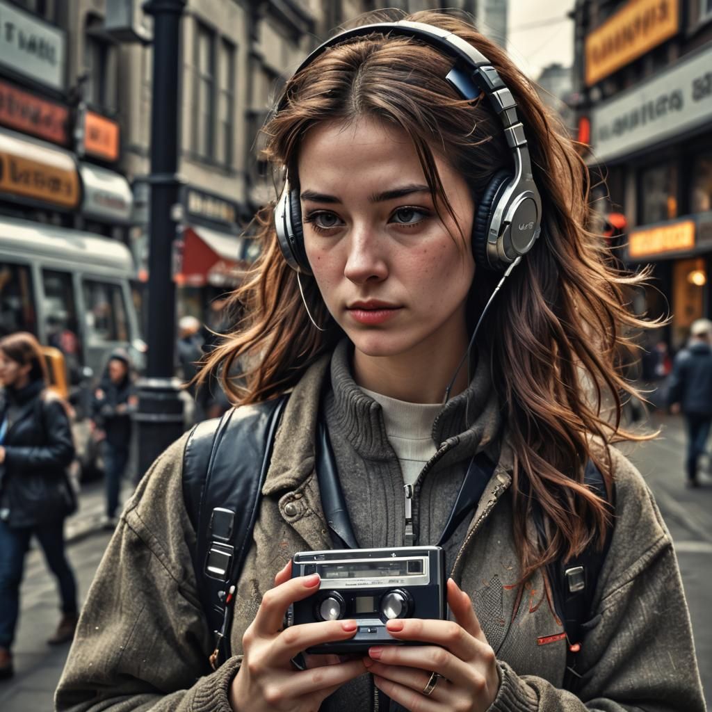 Girl with Walkman: Hyperrealistic 64MP HDR Photo