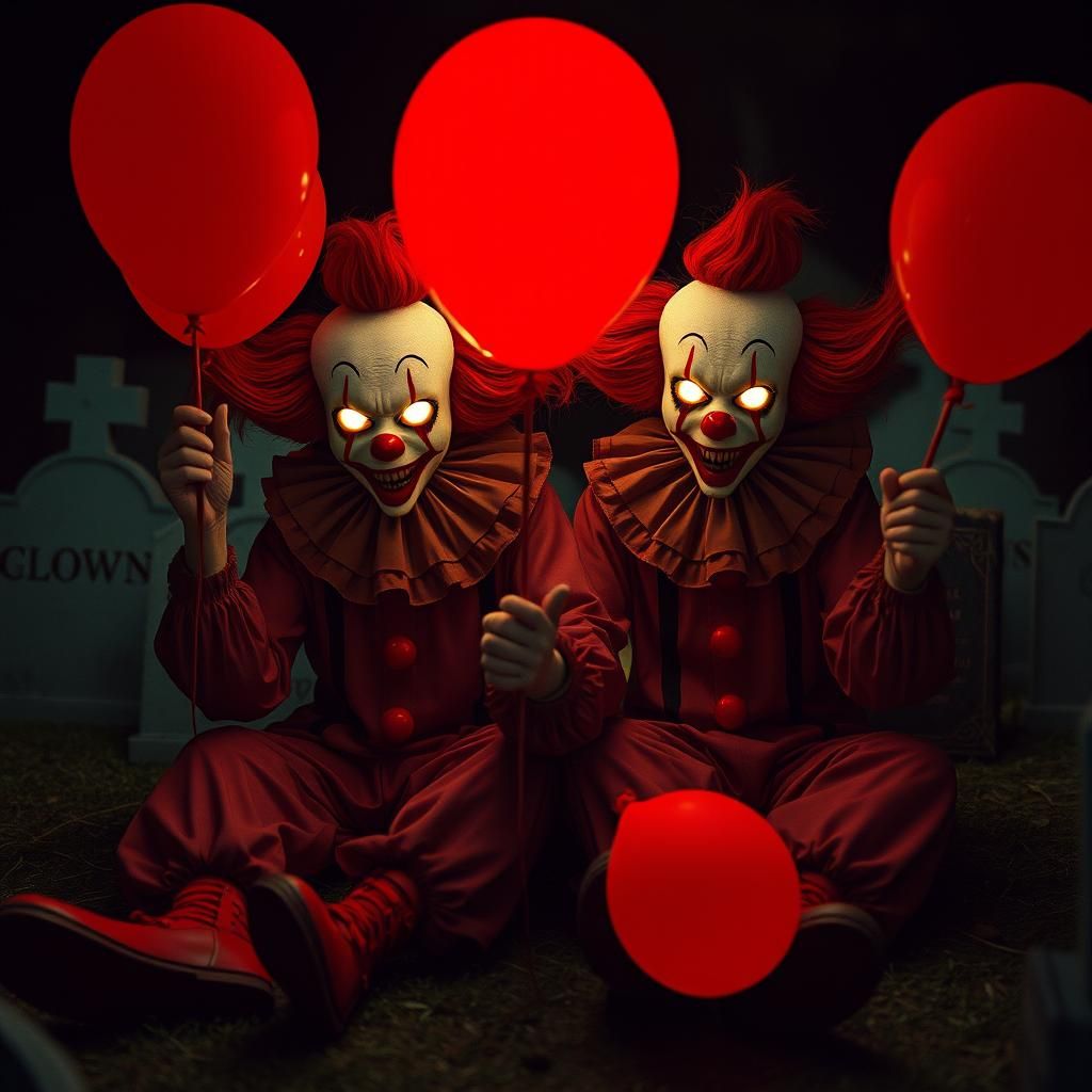 Scary Gyaru Clowns in Graveyard with Red Balloons