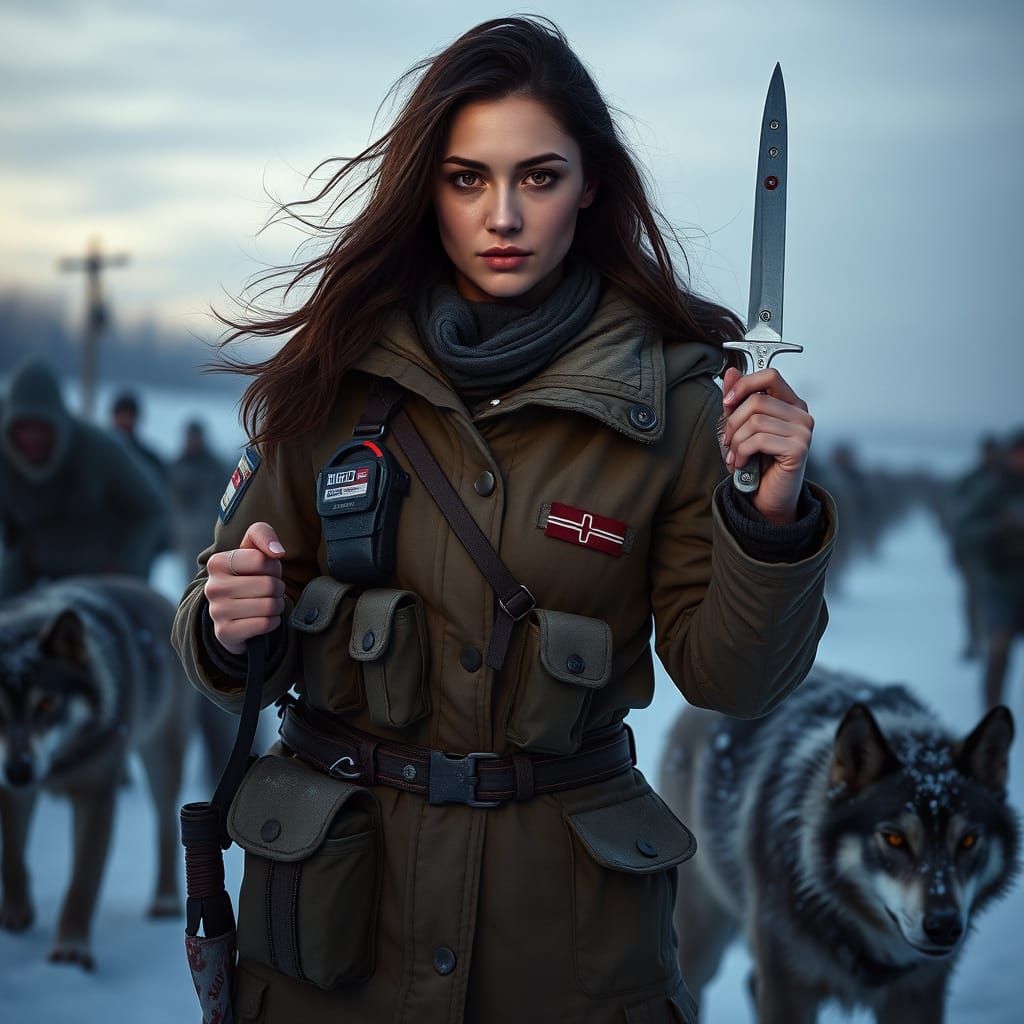Fierce Siberian Medic in Tactical Gear with Wolfdogs