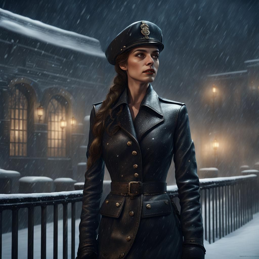 Pier Angeli as Prison Guard in Snow, Detailed Matte Painting
